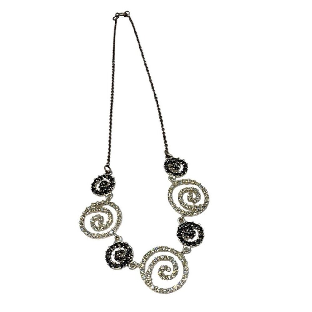 Silver Clear & Smoky Gray Black Rhinestone Necklace Swirl Feminine Dainty Prom - Picture 3 of 3